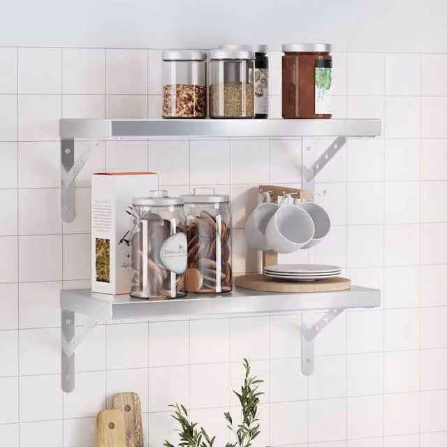 Berkfield Home Set of 2 Silver Stainless Steel Wall Mounted Shelves, W: 50 cm, D: 23.5 cm, H: 3 cm
