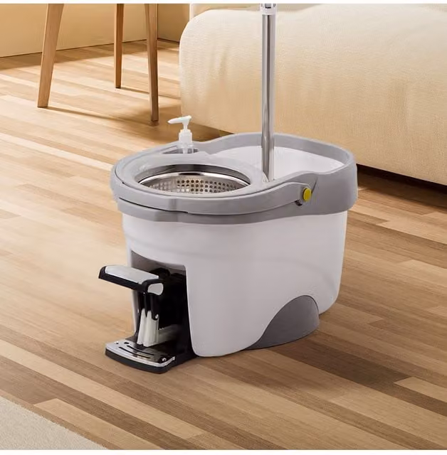 Living and Home 360 Degree Rotating Hands-free Wringing Spin Mop and Bucket Set with Foot-operated Pedal and Telescopic Handle in Grey