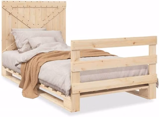 Berkfield Home Solid Wood Pine Bed Frame with Headboard in Natural, W/D/H: 100 x 200 x 104 cm