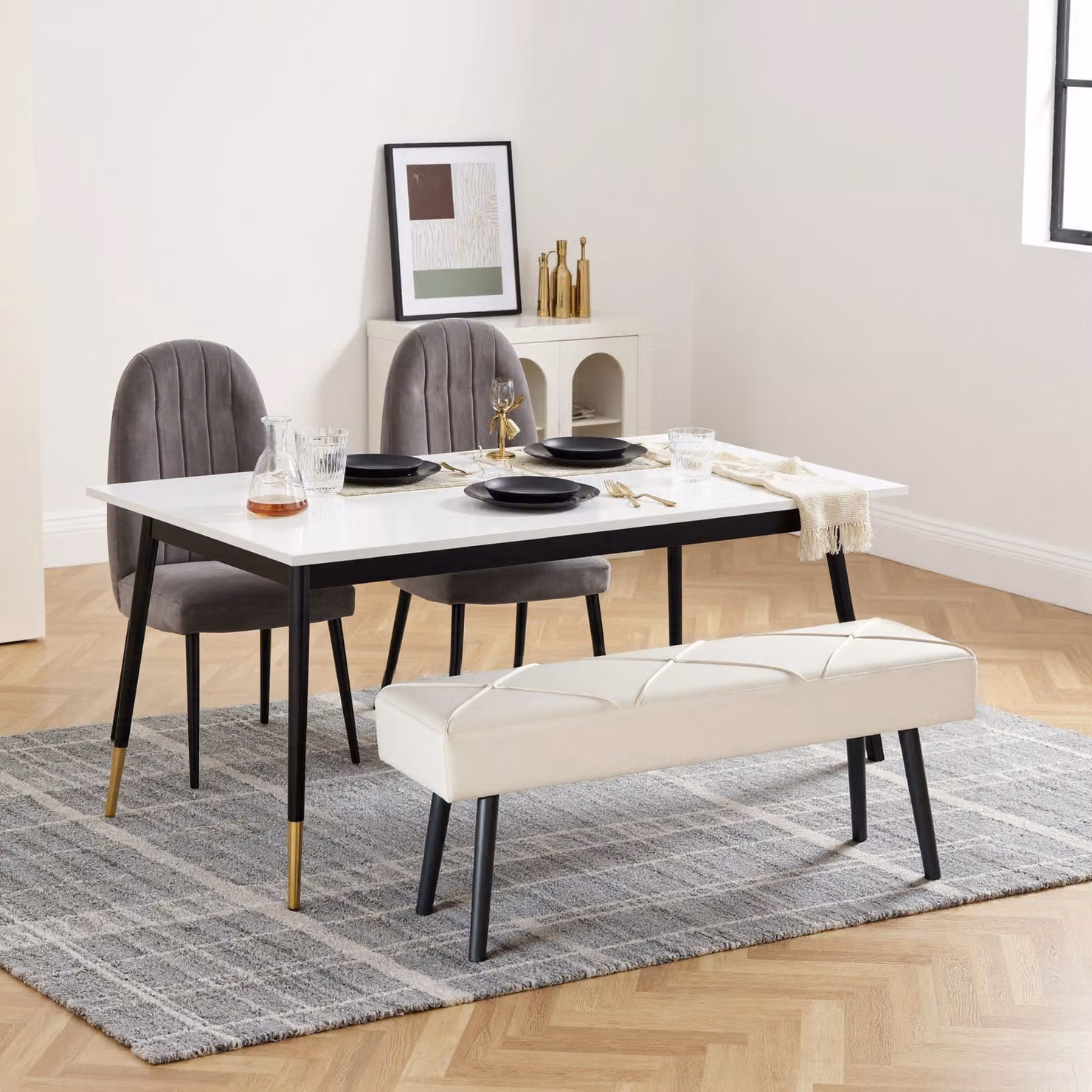 HOMCOM Modern Velvet Upholstered Hallway and Bedroom Bench in Beige with Metal Legs, W: 120 cm, H: 45 cm, D: 40 cm – 5