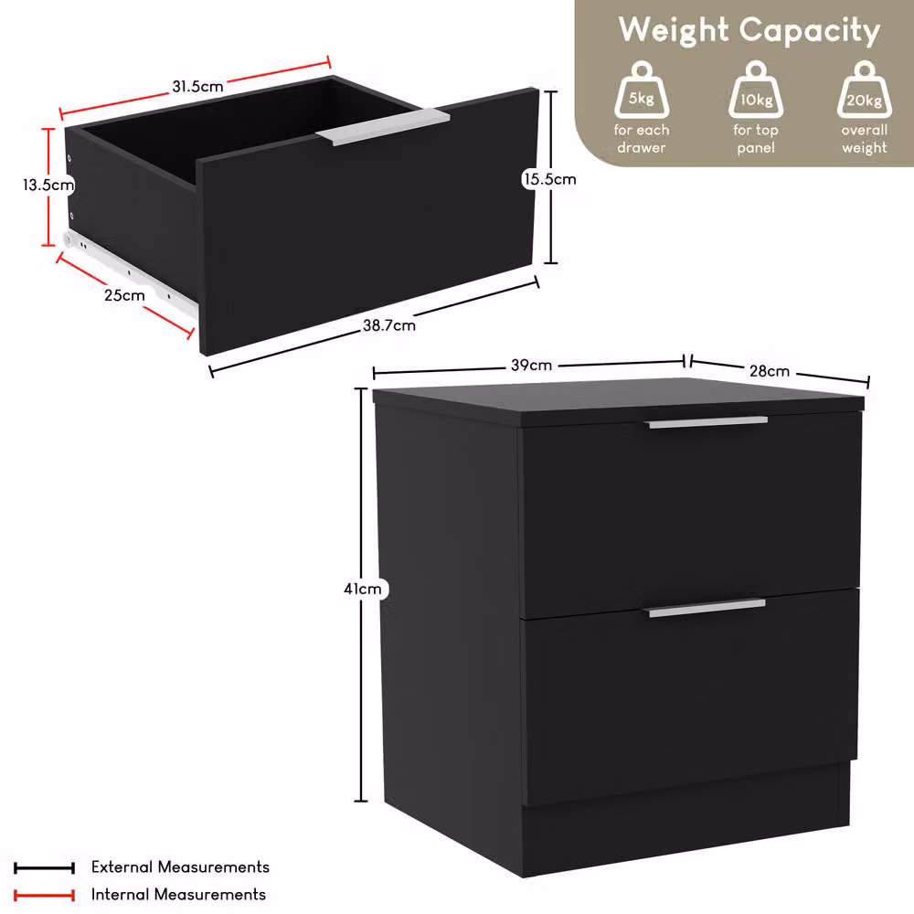 Vida Designs Trega 2 Drawer Bedside Chest Space Saving Unit, Set of 2, Black – 5