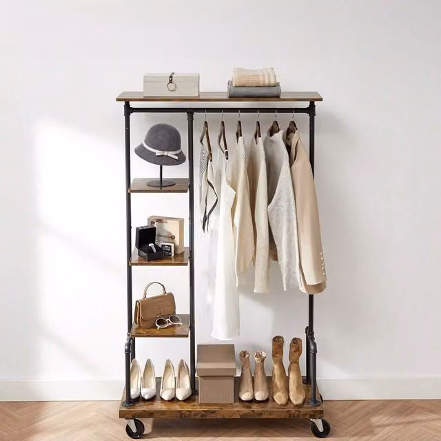 VASAGLE Industrial Metal Clothes Rail on Wheels in Black and Brown
