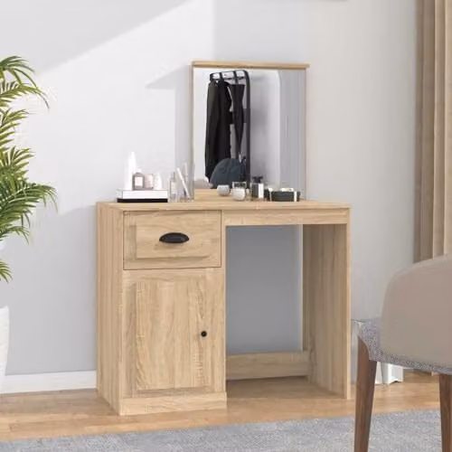 vidaXL Dressing Table with Mirror in Brown Sonoma Oak, W/D/H: 90 x 50 x 132.5 cm – 2