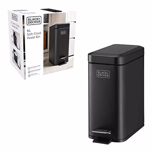 BLACK+DECKER BXBN0007E 5L Black and Silver Stainless Steel Pedal Bin with Soft Close Lid and Removable Inner Bucket, W: 30 cm, D: 14 cm, H: 29 cm – 4