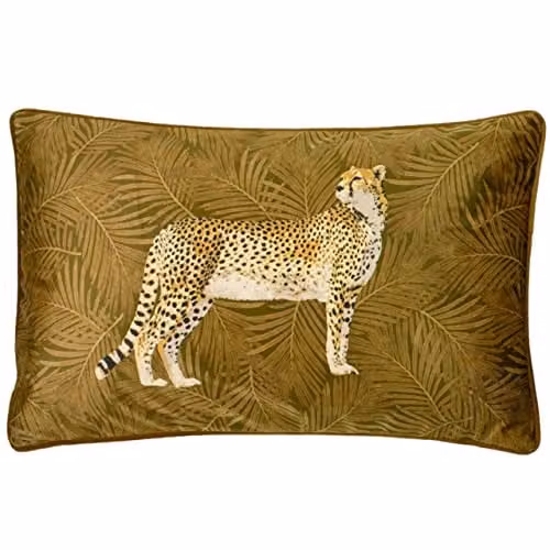 Paoletti Cheetah Forest Rectangular Velvet Cushion in Gold and Green, W: 50 cm, H: 30 cm – 1