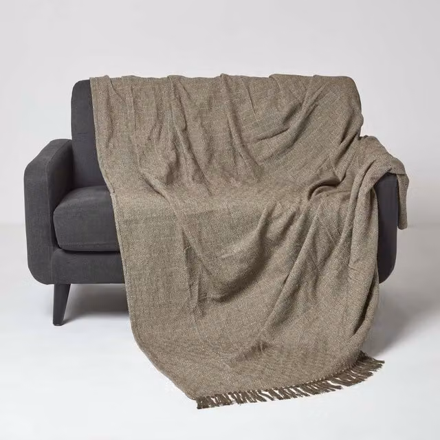 Homescapes Malda Woven Cotton Throw with Fringes, Brown, 200 cm
