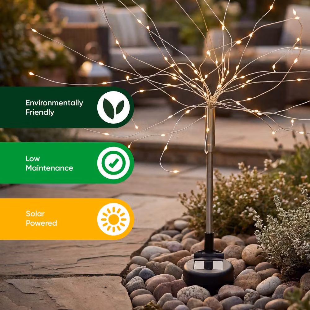 Gardenwize Pack of 2 Solar Starburst LED Garden Stake Lights in Silver with Warm White Light – 4