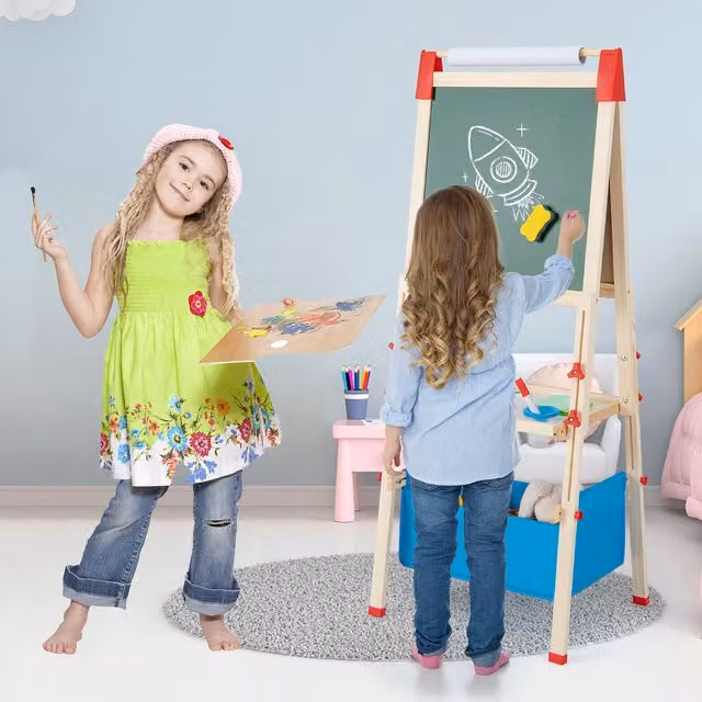 COSTWAY Double Sided Kids Easel with Chalkboard in Blue