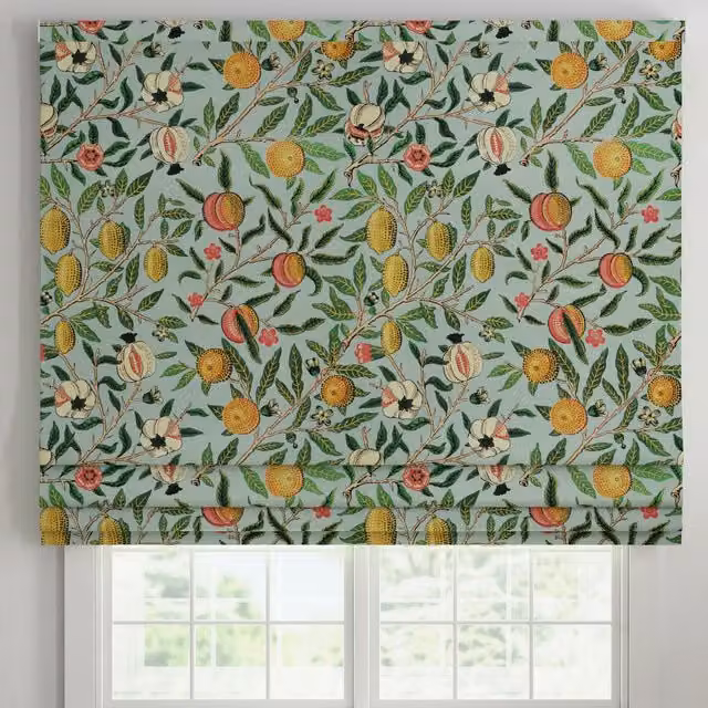 ANTE DECOR Made To Measure Roman Blind Fruit Orange Printed Cotton Blackout in Cornflower Blue