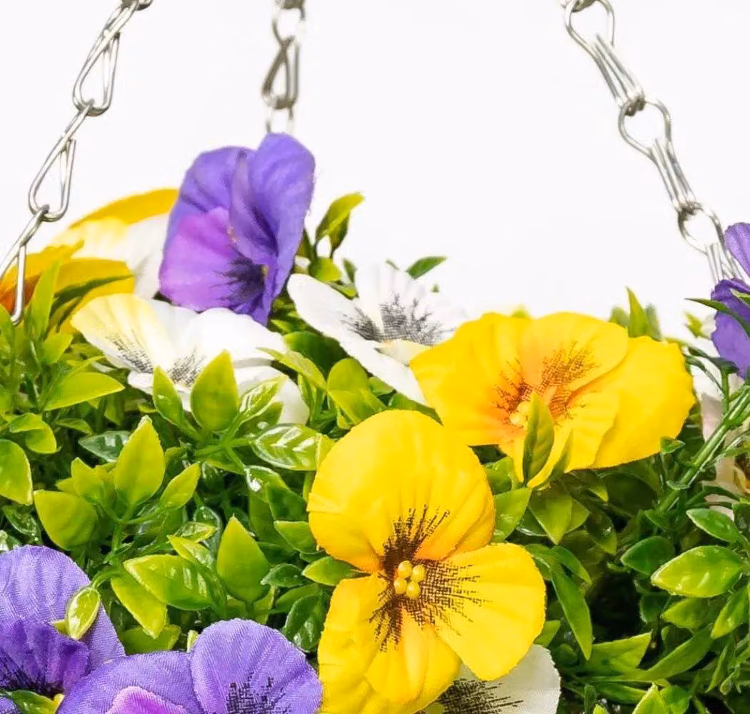 Primrose Pair of Artificial Pansy Flowers in Rattan Hanging Baskets, Yellow, Purple and White, Diameter: 25 cm – 3