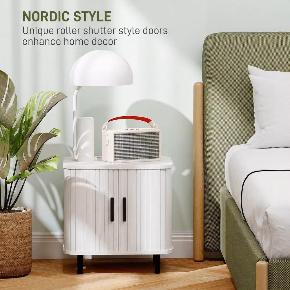 NESTLUNE Modern White Nightstand with Sliding Doors and Metal Legs – 4