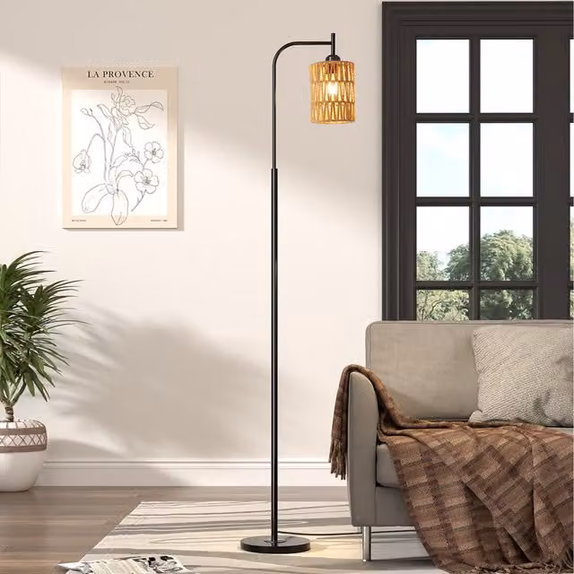 Lifeideas Minimalist Metal Floor Lamp with Rattan Cylinder Lampshade in Black and Brown