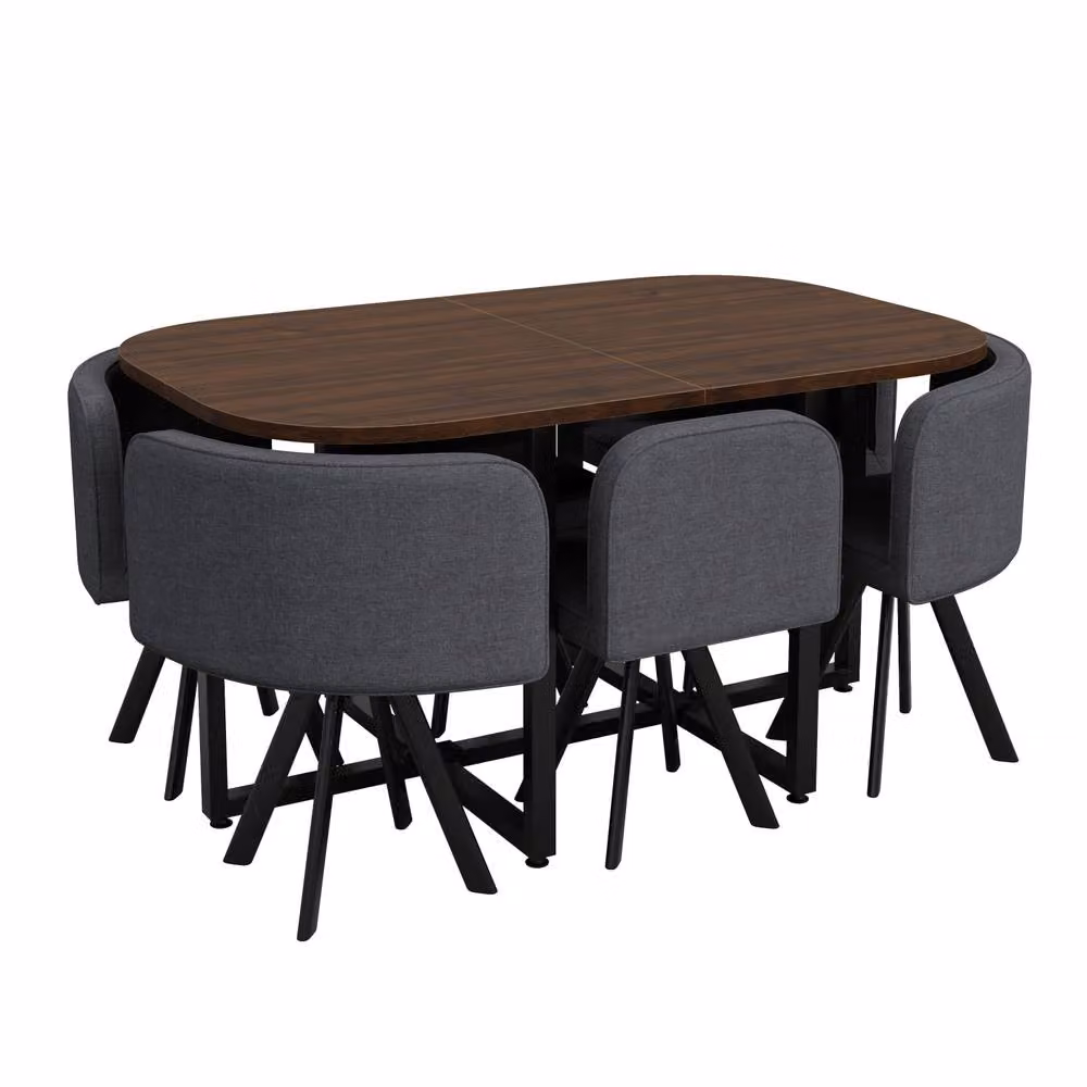BTM Modern Square Dining Table and 6 Chairs Set in Walnut and Grey, W/D/H: 140 x 90 x 75 cm – 5