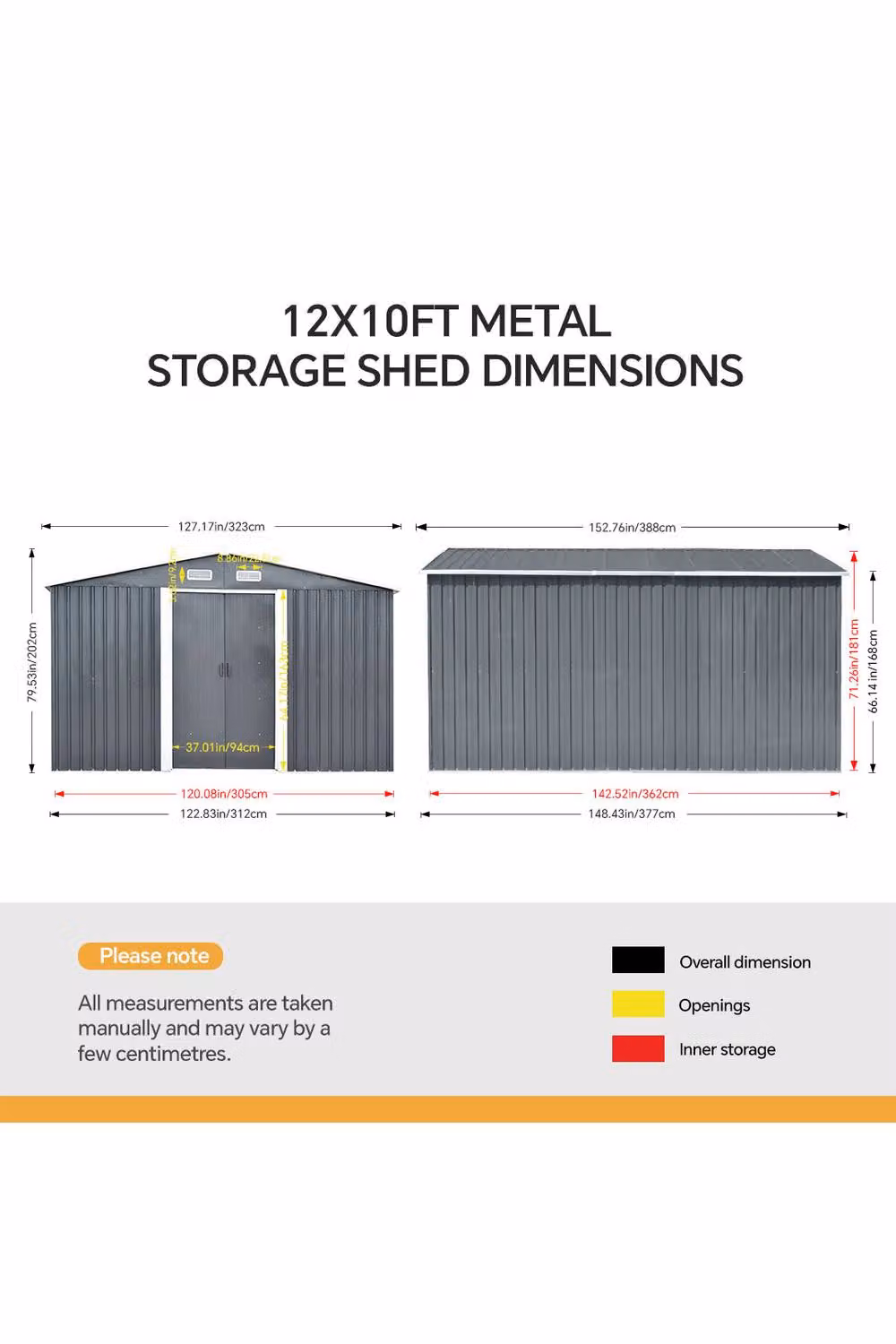 Living and Home Large Metal Garden Tool Storage Shed with Sliding Doors and Gable Roof, Grey, W: 365.76 cm, D: 323.0 cm, H: 202.0 cm – 4