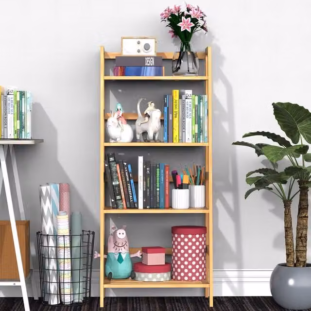HOMCOM 4 Tier Bamboo Ladder Shelf Unit in Natural Brown