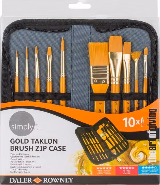 Daler-Rowney Simply 10 Acrylic Brush Zip Case in Gold and Multicolour