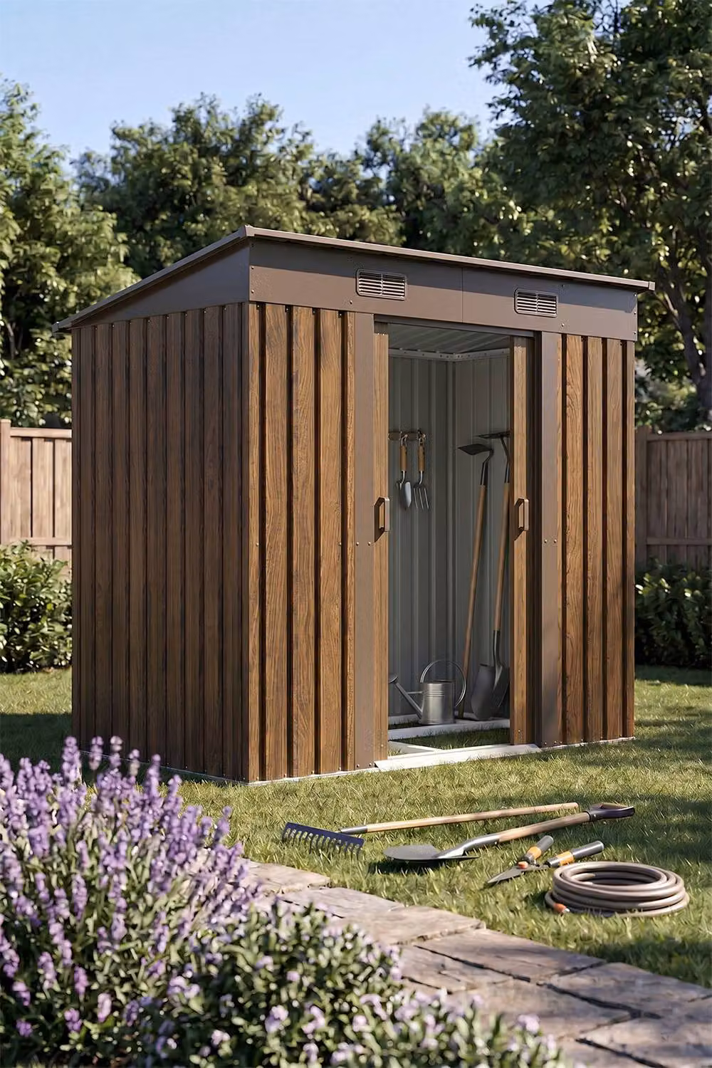 Living and Home Brown Metal Pent Garden Storage Shed with Sliding Door, W/D/H: 121.92 x 182.88 x 121.92 cm – 2