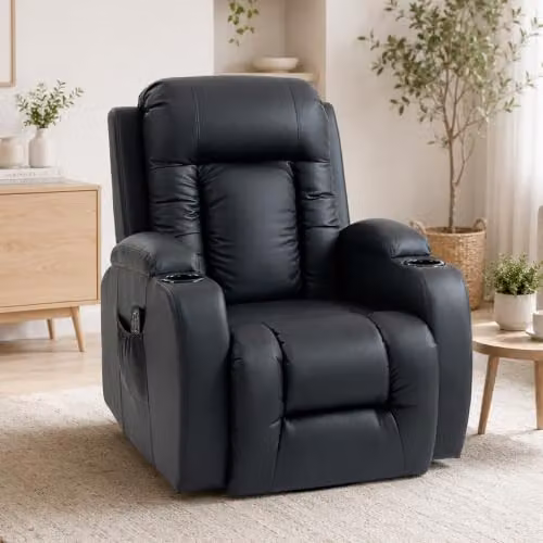 HOMCOM Black Faux Leather Recliner Armchair with Massage, Heat and Cup Holders – 8