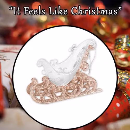 VFM e-Store Large Glitter Sleigh Christmas Tree Hanging Ornament, Gold, 14 cm – 6