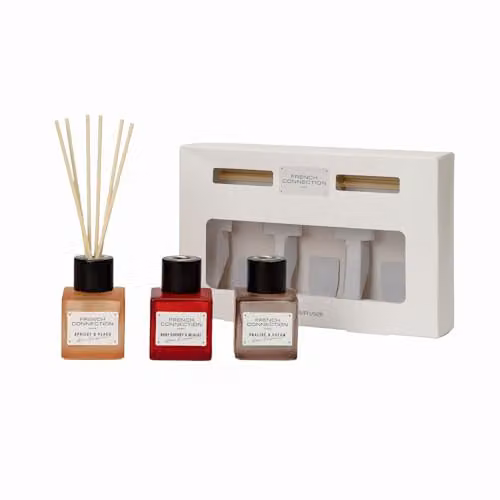 French Connection Square Range Scented Reed Diffuser Gift Set, 3 x 50ml - Apricot & Peach, Praline & Cream, Ruby Cherry & Merlot