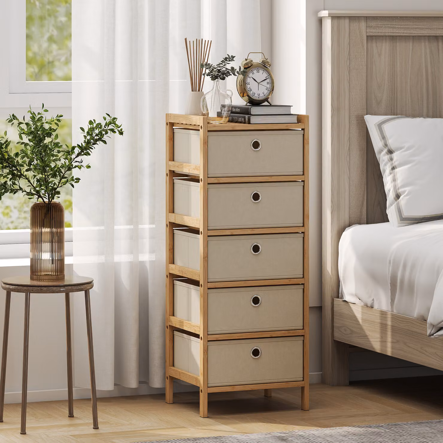 HOMCOM Narrow Chest of Drawers with 5 Fabric Drawers and Bamboo Frame, Cream White – 2
