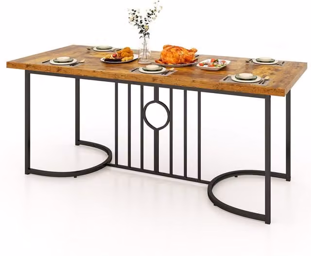 COSTWAY Brown Industrial Rectangular Wood and Metal Dining Table for 6-8 People