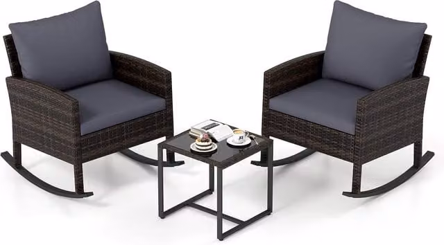 Gymax 3-Piece Grey Rattan Rocking Bistro Set with Glass Coffee Table – 1
