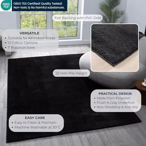 Desire Rugs Black Plain Non-Slip Washable Hallway and Living Room Runner Rug, W: 60 cm, L: 200 cm – 3