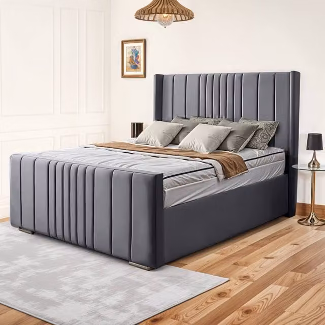 UK Bed Furniture Balmoral Wingback Ottoman Gas Lift Upholstered Bed in Grey, Super King, W/D/H: 200 x 200 cm