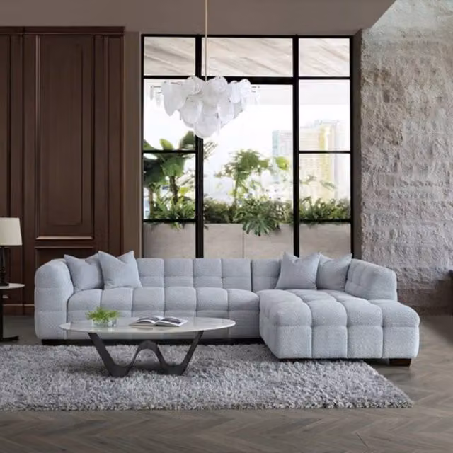 Stratus Interiors Aluxo Tribeca Right Facing L-Shape Corner Sofa in Light Grey Bubble Teddy Boucle Fabric, W: 310 cm, D: 184 cm, H: 71 cm