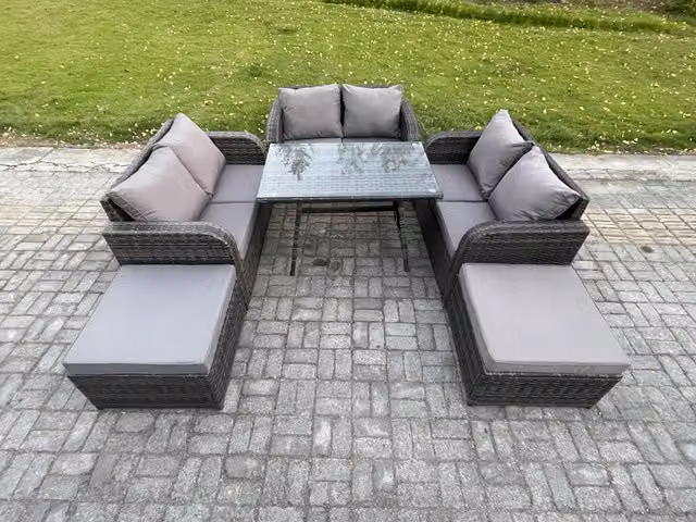 Fimous 8 Seater Rattan Garden Furniture Set with 2 Large Footstools in Dark Grey Mixed