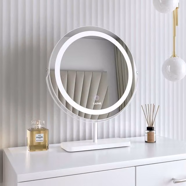 CARME Ava Round Tabletop LED Light Mirror with Touch Switch and Dimmable Function in White Marble Touch