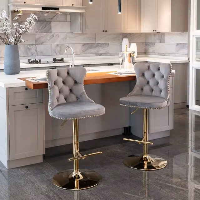 Modern Home Touch Set of 2 Luxury Grey Velvet Tufted Swivel Bar Stools with Gold Metal Base