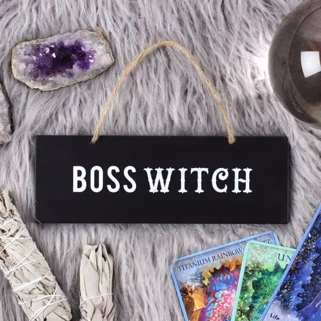 Kingsbury Gifts Boss Witch Typography Wall Sign in Black and White Wood