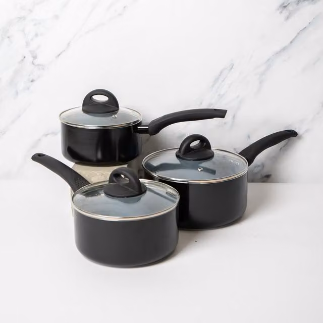 MasterClass 3-Piece Ceramic Non-Stick Saucepan Set with Lids, Black