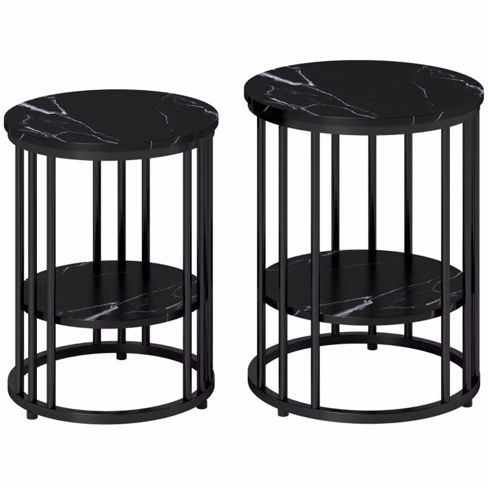 STILVORA Set of 2 Modern Round Metal Coffee Tables with Shelf, Black – 3