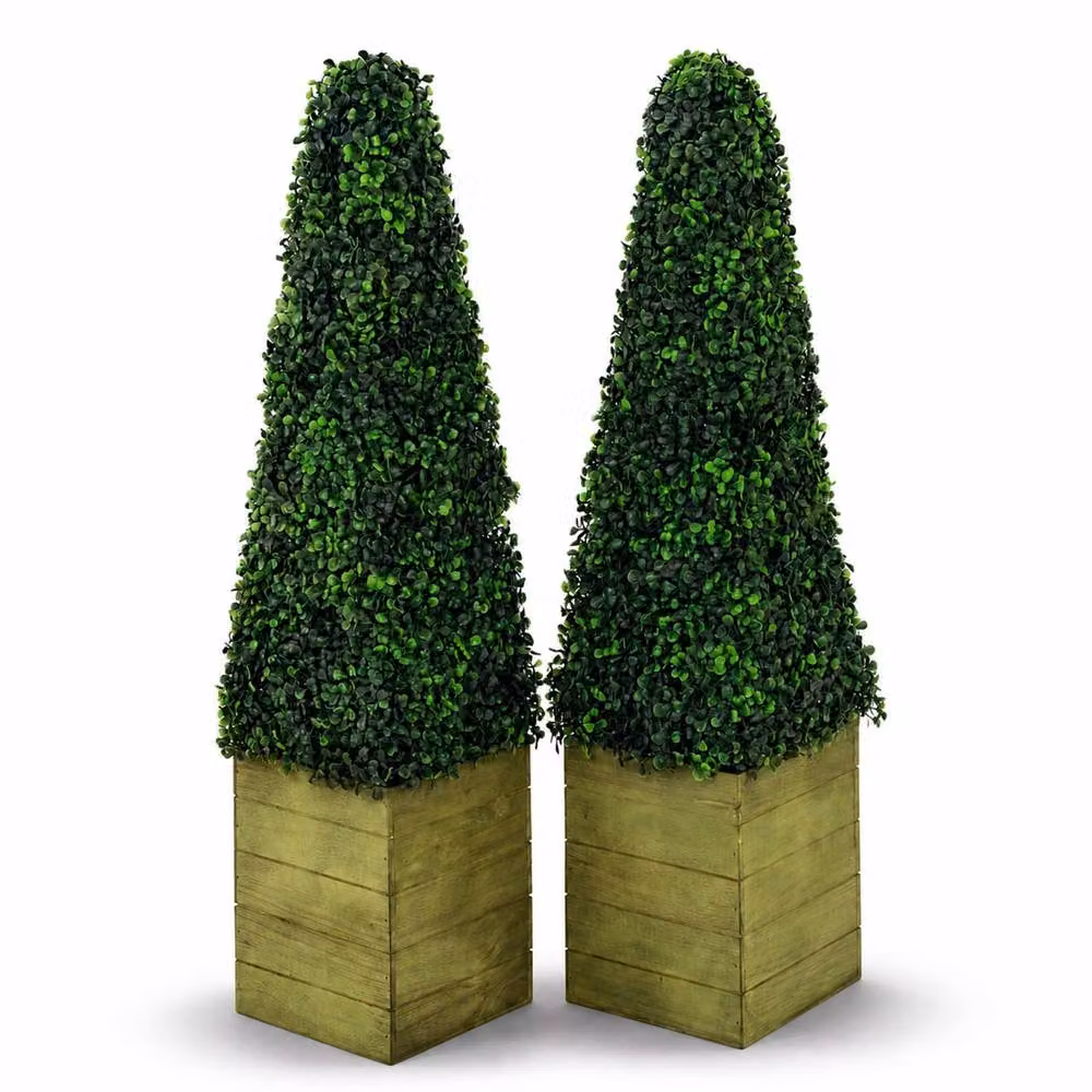 Oypla Set of 2 Artificial Topiary Boxwood Pyramid Tabletop Trees in Green – 3