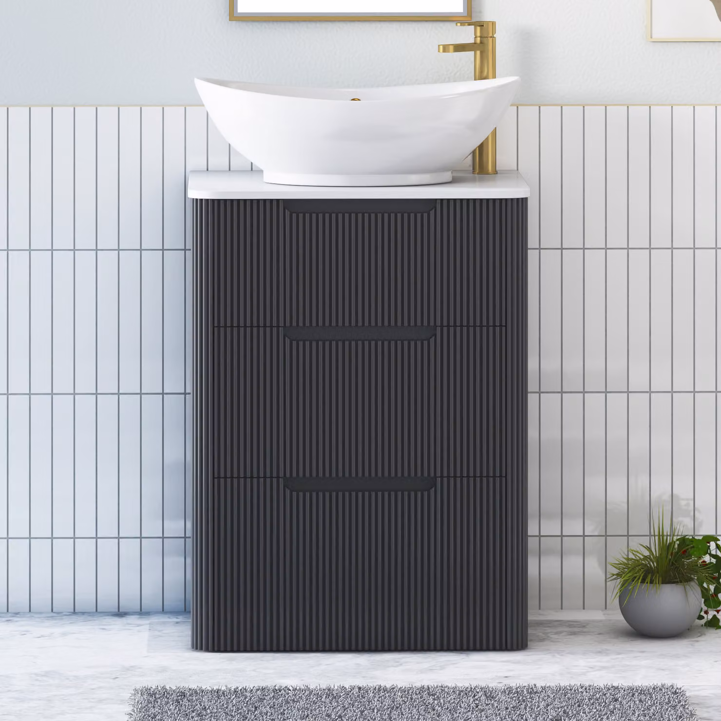 Royal Bathrooms Avenza 600mm Matt Obsidian Black Floor Standing 3 Drawer Vanity Unit with Plain White Worktop and Amaze Basin