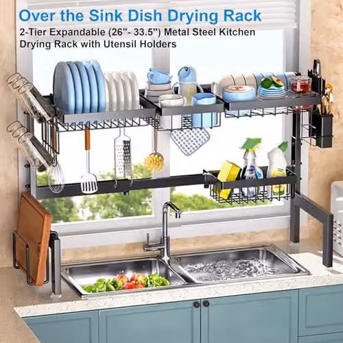 ATEK 2-Tier Expandable Over the Sink Dish Drainer Rack with Cup Holder and Utensil Holder, Black – 3