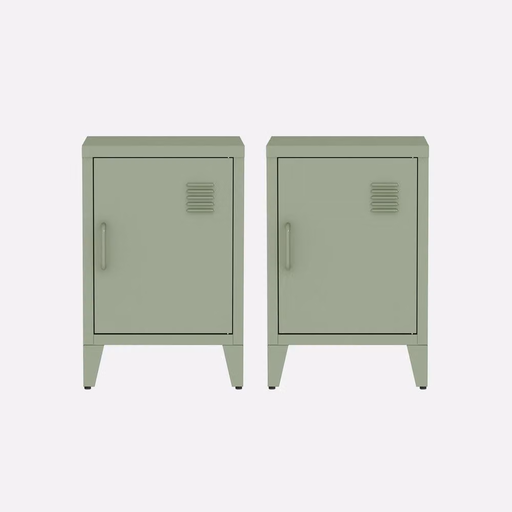 sweeek Pair of Industrial Metal 1-Door Bedside Tables in Matt Light Green, W/D/H: 38 x 38 x 55.7 cm – 2