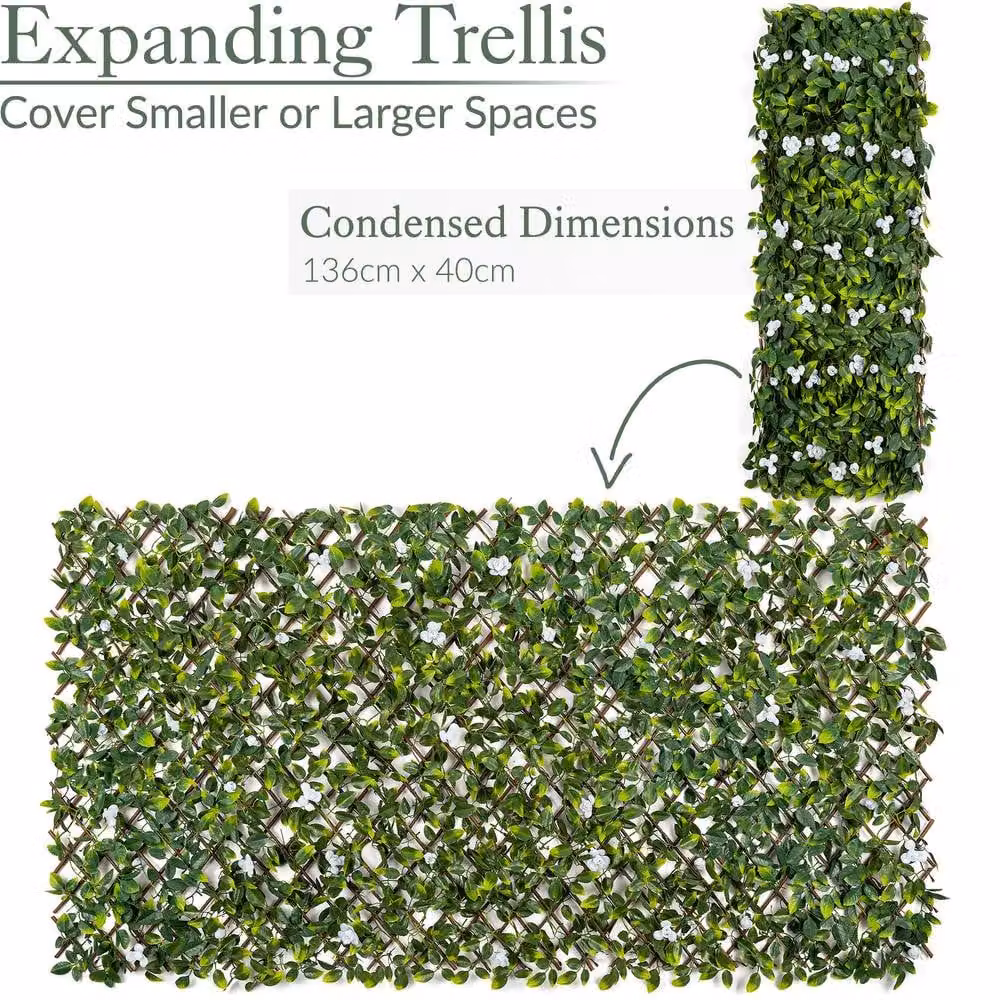 Christow Expanding Artificial Leaf Flower Trellis Garden Screening, White and Green, W: 200 cm, H: 100 cm – 3