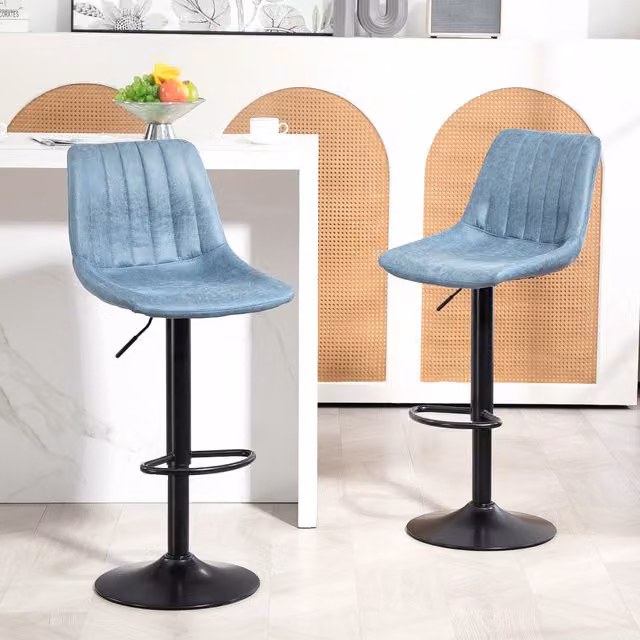 HOMCOM Set of 2 Retro Microfibre and Synthetic Leather Bar Stools in Blue