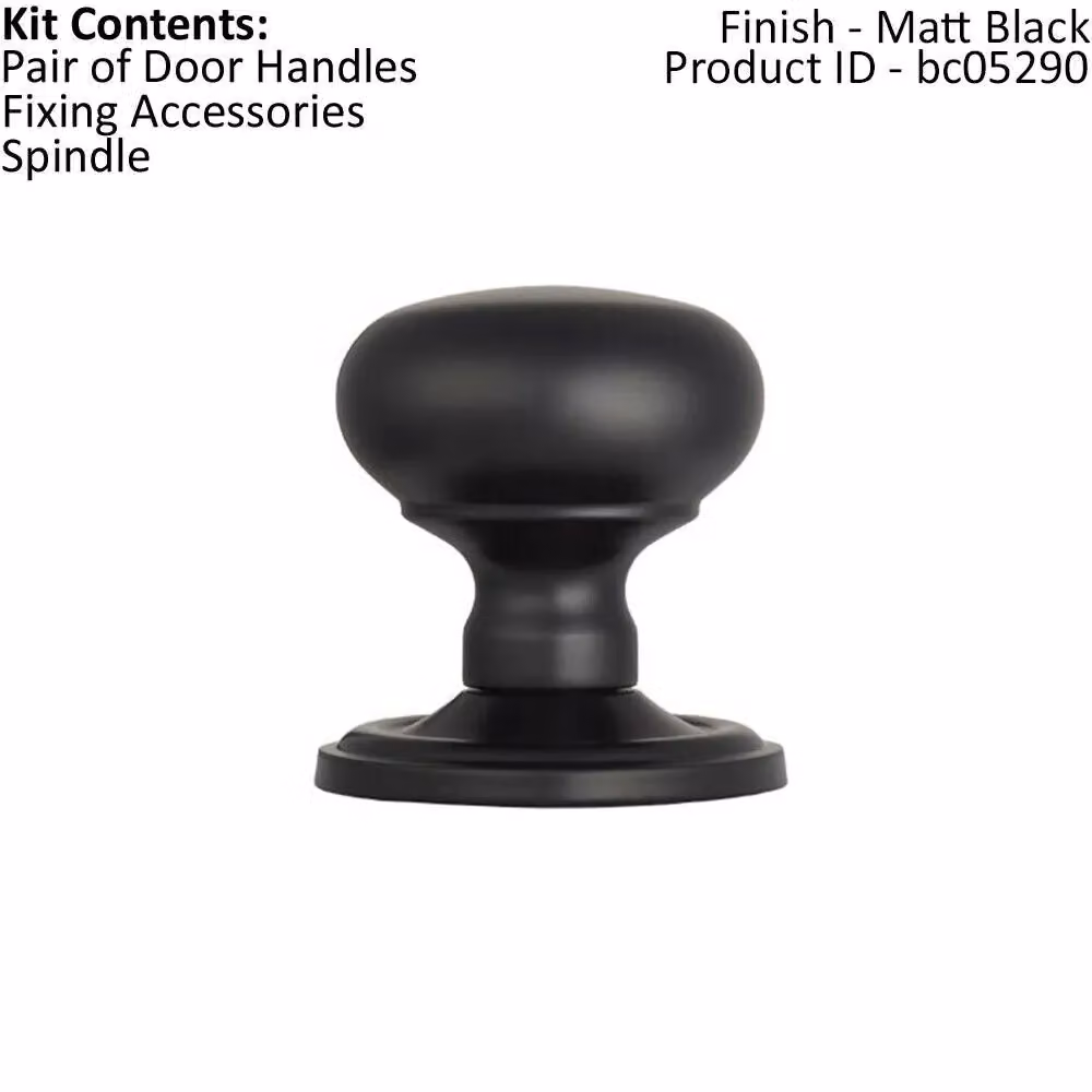Loops Mushroom Mortice Door Knob Pair with Concealed Rose, Matt Black, 59mm Diameter – 2