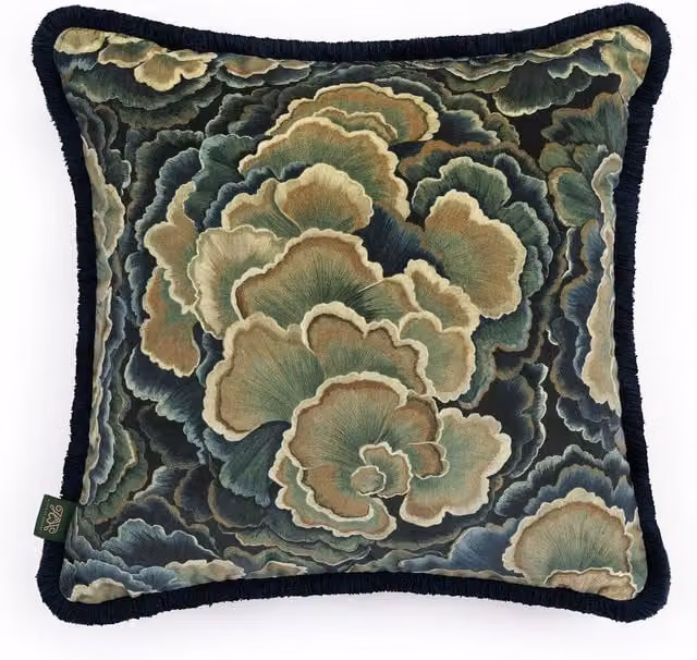 House of Hackney Trametes Velvet Fringed Cushion, Green and Multicolour, W/D/H: 45 x 45 x 45 cm