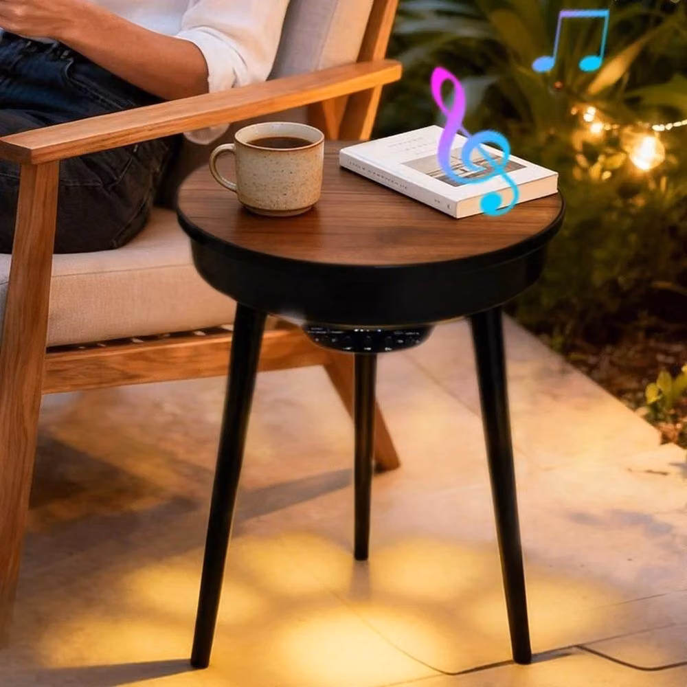 FLAVORA Walnut Portable Smart Side Table with Bluetooth Speaker in Brown, W/D/H: 100 x 80 x 80 cm – 5
