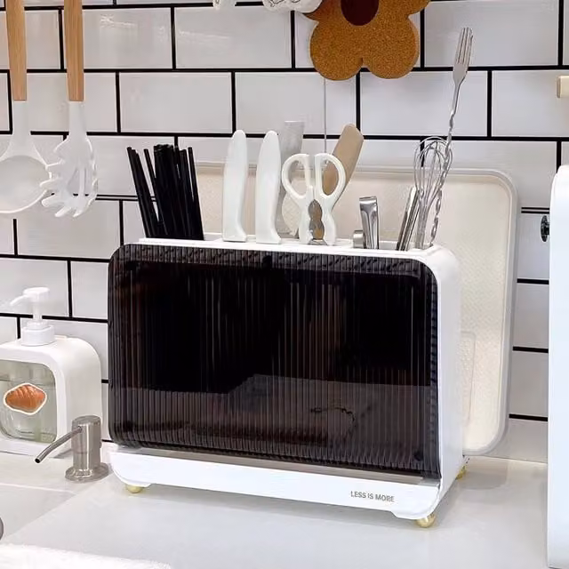 Livingandhome White Plastic and Metal Kitchen Cutlery and Chopsticks Drying Rack with Drip Tray