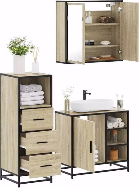 Berkfield Home 3 Piece Industrial Bathroom Furniture Set in Sonoma Oak Brown