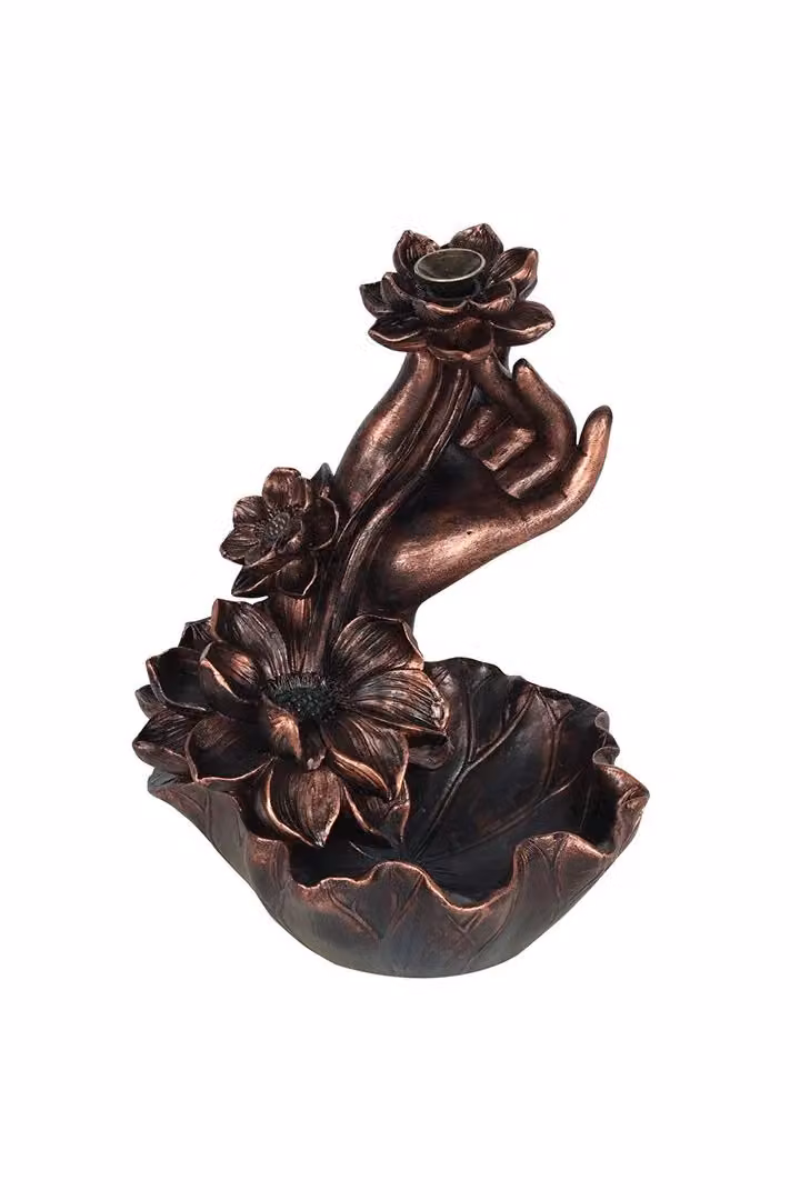 KDMD Bronze Effect Hand with Flower Backflow Incense Burner in Brown Metal – 2