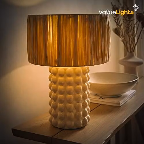 ValueLights Stone Bobble Ceramic Bedside Table Lamp with Natural Raffia Lampshade in Grey and Beige with Included LED Bulb – 2