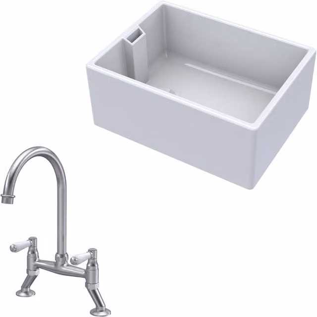 Balterley White Ceramic 1 Bowl Belfast Sink with Brushed Nickel Single Lever Mixer Tap, Width: 615 mm